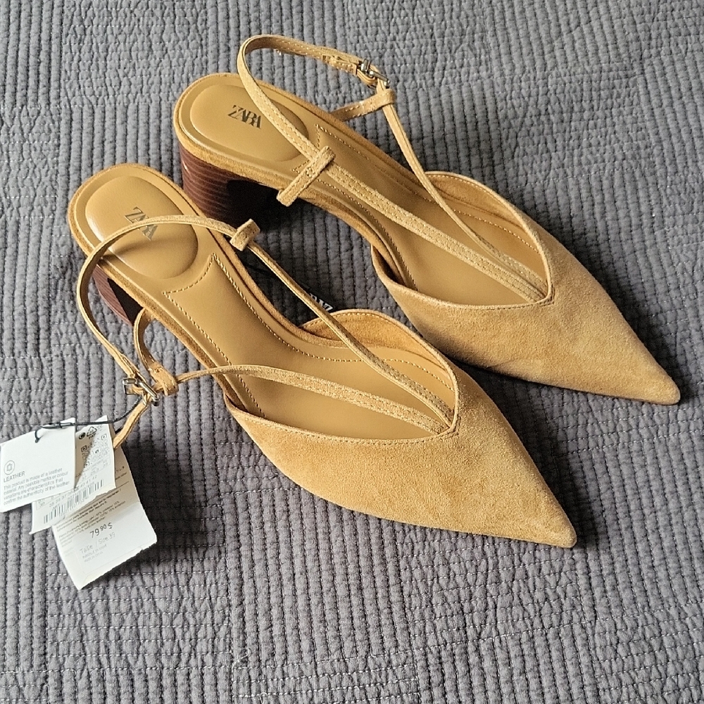 Zara Beige Suede Pointed Slingback Heels